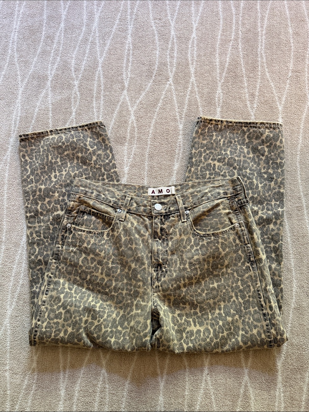 AMO Women’s Leopard-Print Denim Jeans in Olive Brown Size 28